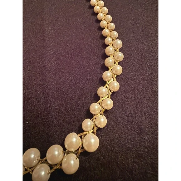Vintage Faux Pearl Graduated Collar Necklace Gold Tone Braided Chain Bridal Bib - Picture 2 of 4